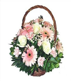 , Sepet i�erisinde pembe gerbera ve beyaz g�ller<br>Kulplu sepet i�erisinde 4 adet a�m�� beyaz g�l ve pembe renkli gerberalardan olu�an aranjman , ortalama �r�n boyutlar� 25x35 cm